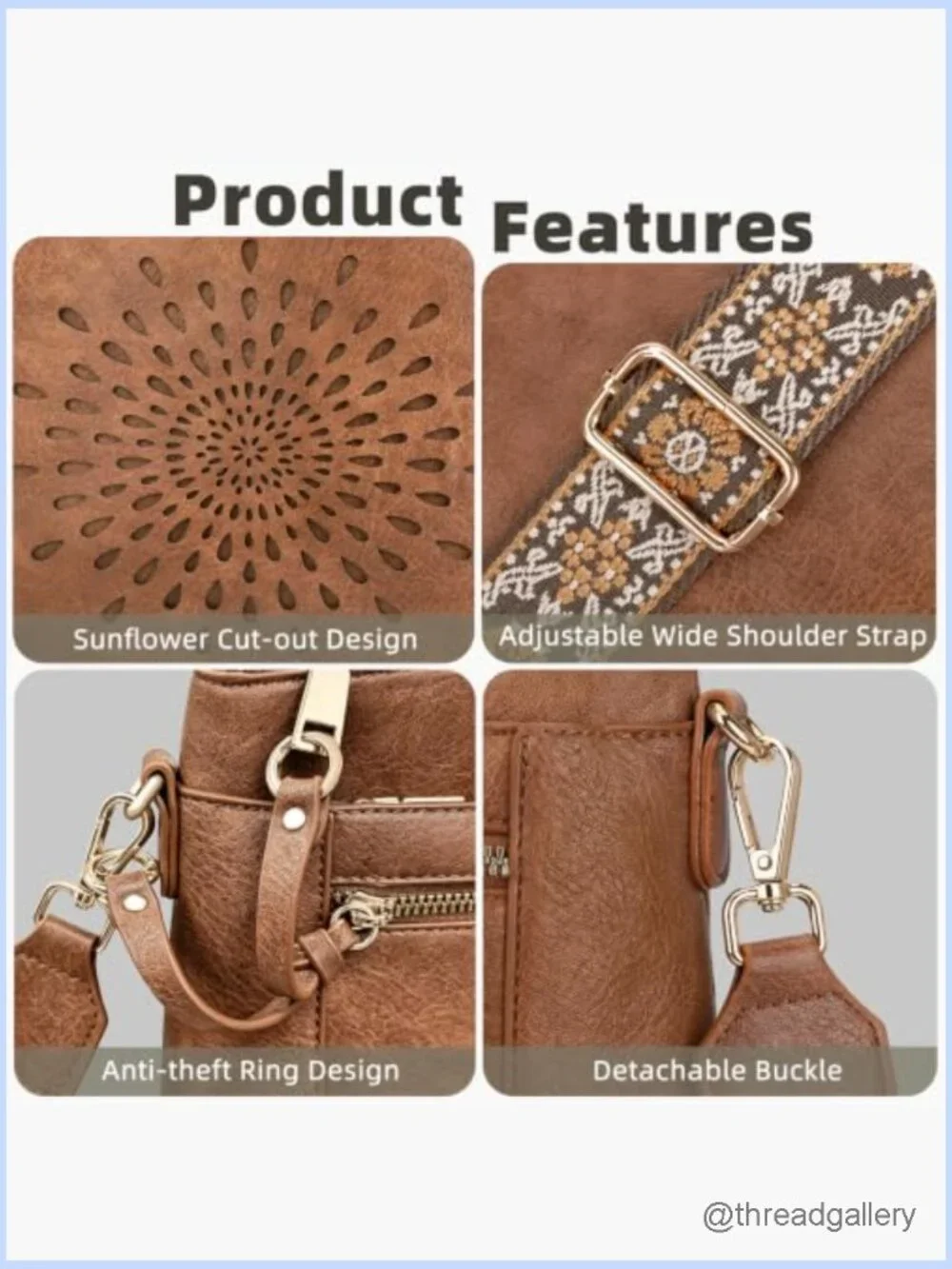 Faux Leather Crossbody Bag with Wide Guitar Strap Multi Pocket Hobo Purse